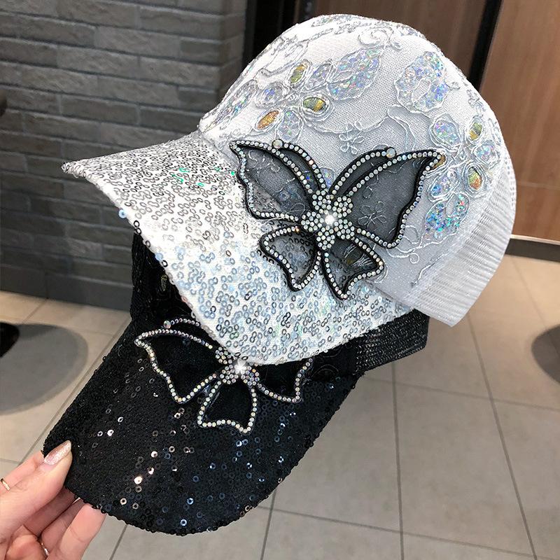 Sequin Baseball Cap for Women and Men, Summer Mesh Back, Rhinestone Butterfly, Fashion Sun Hat, Universal for Men and Women, Short Brim