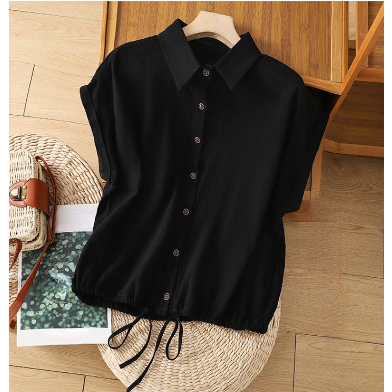 

DIMANAF 2025 Женская футболка больших размеров, винтажная, эластичная, свободная, тонкая, с коротким рукавом, хлопковая, однотонная, женская, топы, футболки, пуговицы A 2XL чёрный