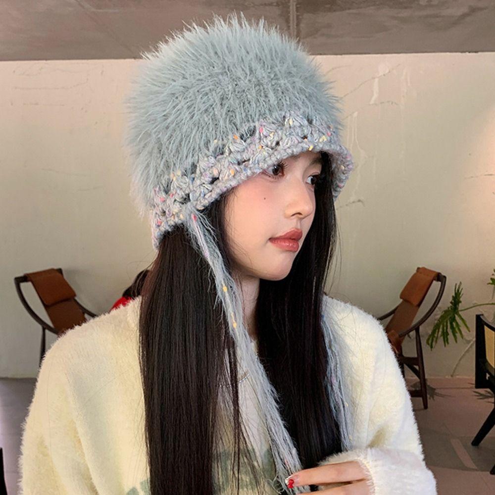 Mixed-color Straps Handmade Knitted Cap Ear Protection Winter Warm Cap  Women Girls Maiden