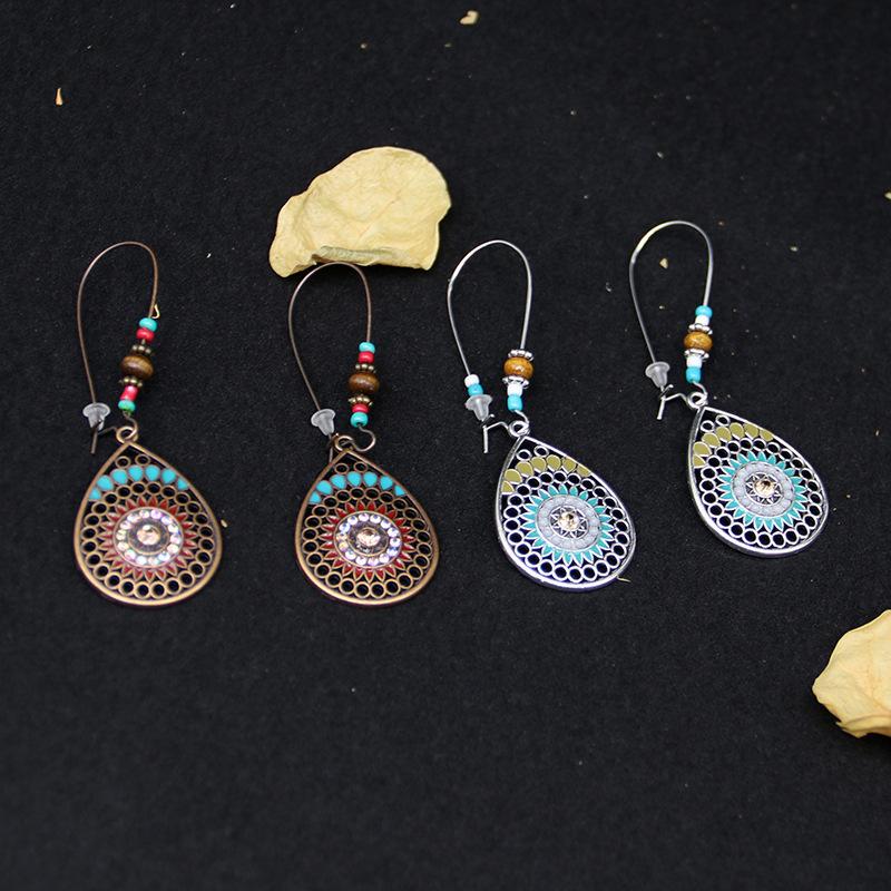 Bohemian Ethnic Style Retro Personality Jewelry Hollow Water Drop-Shaped Alloy Point Drill Long Earrings Women'S Earrings