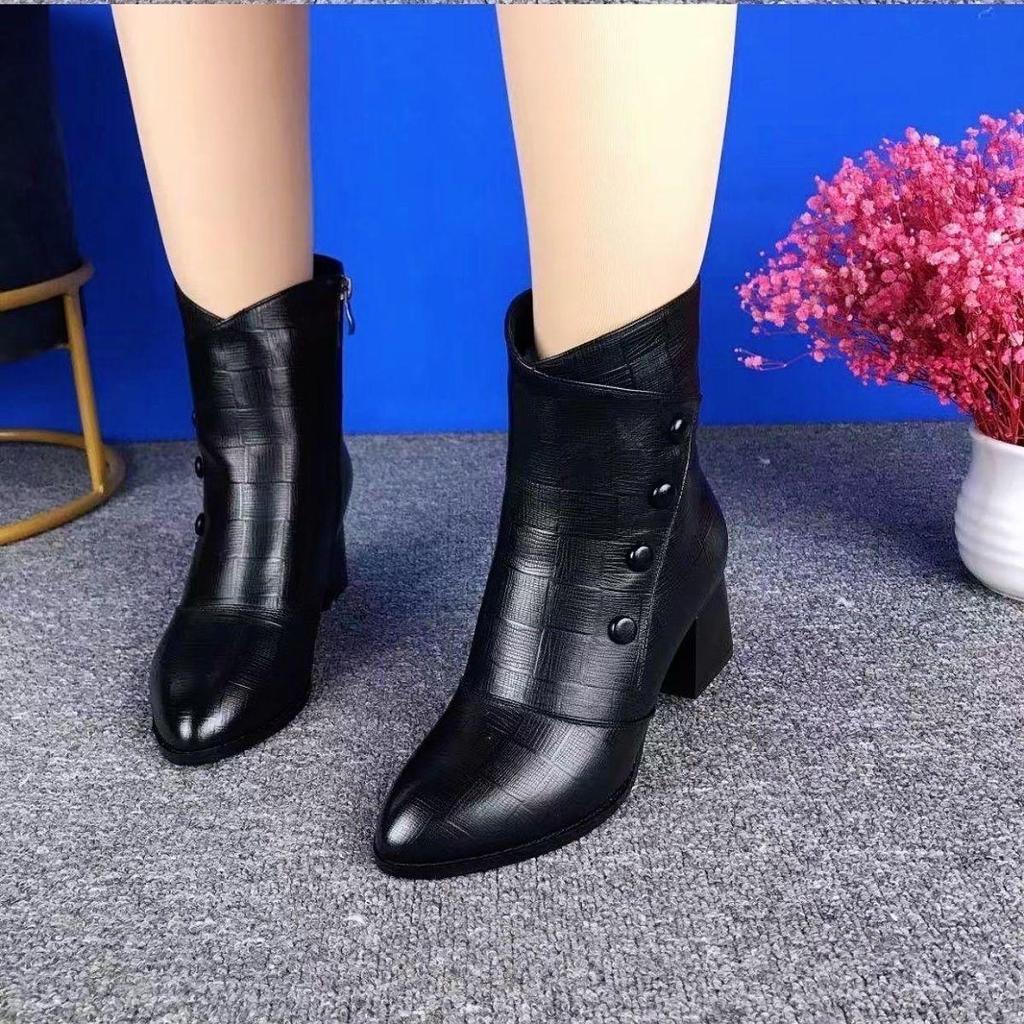 Women Short Boots Autumn Winter Leather Short Mid Barrel Mid Heel Fleece Boots