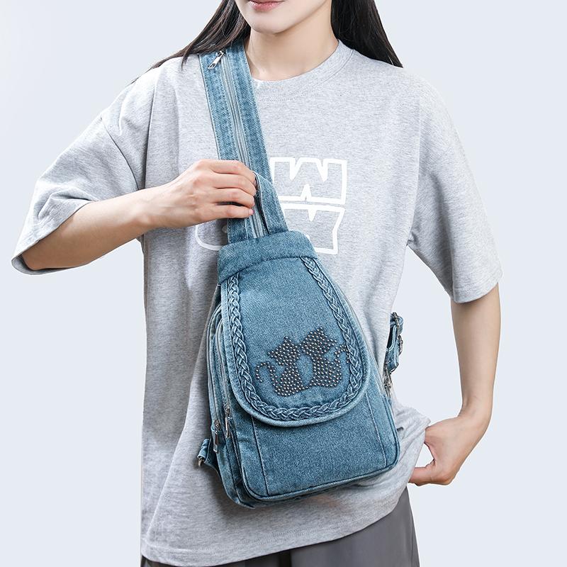 Zaino Borsa a Tracolla da Donna Borsa da Petto Multiuso Zaino in Denim All-match