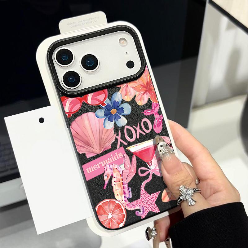 For iPhone 17 Pro Max Case Luxury Pink Cartoon Floral Pattern Leather Texture Silicone Cover For iPhone 16 Pro Max 15 14 13 12 11 16E Air