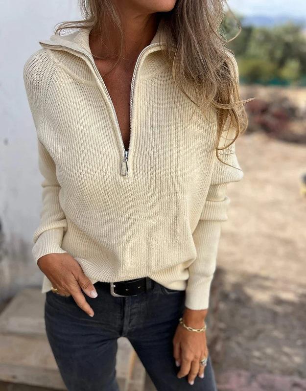 Women Autumn Winter Solid Color Knit Sweater Half‑High Collar Zipper Pullover Long Sleeve Casual Knitwear Top