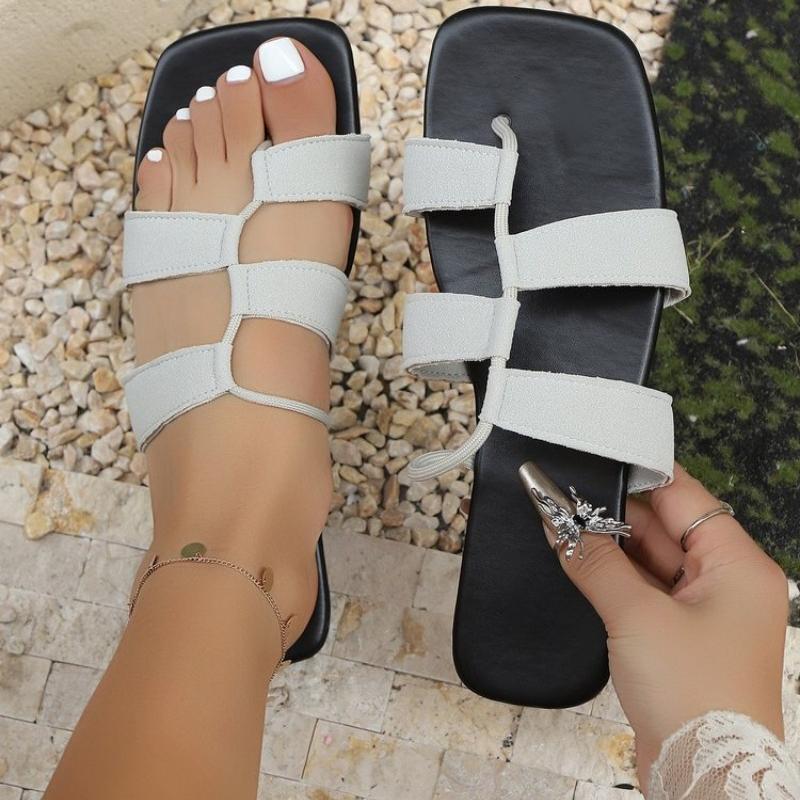 Fashion Classics White Soft Sole Women Slippers PU Leather Summer Hot Sale Square Toe Slides Outdoor Walking Anti Slip Ladies Flip Flops
