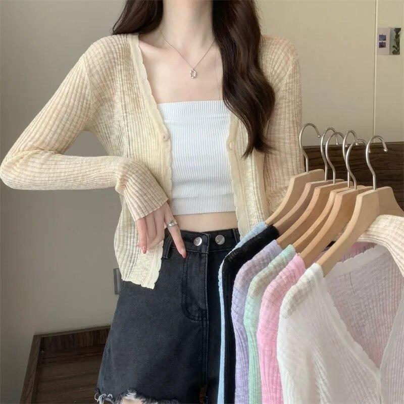 Cardigan sottile in seta di ghiaccio corto bianco da donna manica lunga lavorato a maglia protezione solare slim crop top Kintwear nuova moda semplice casual primavera estate