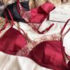Summer Women Underwear Sexy Lace Embroidery Bra Set French Thin Cup Silken Wireless Bralette Ladies Lingerie Briefs With Thong