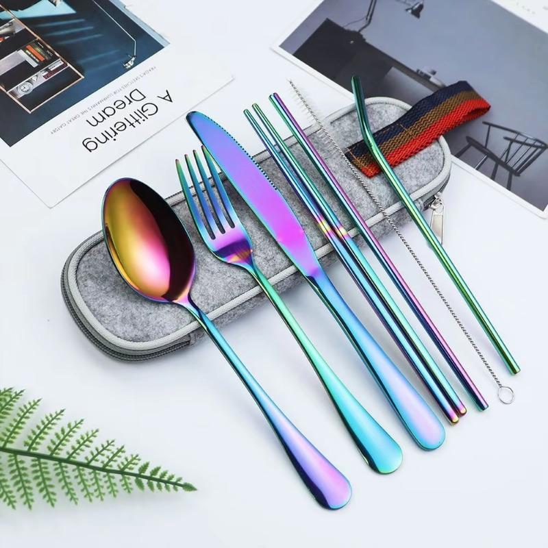 Opakovaně použitelná brčko-lžička-vidlička-hůlky Nová sada nádobí Cestovní kempingová sada příborů Přenosné pouzdro Vícebarevná