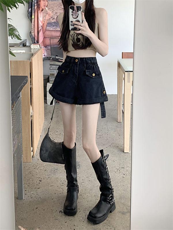 Women's High-Waisted Black Denim Shorts, Summer 2024, Loose A-Line Wide Leg Design, Small Size