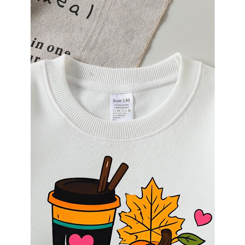 Girls' Long-Sleeve Round Neck Sweatshirt with Printed Design, Autumn Coffee Pumpkin Style Suitable for Spring And Fall, Fashionable And Casual