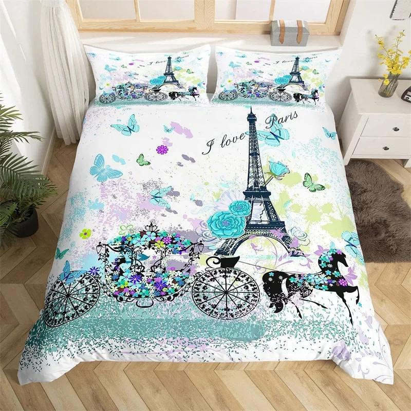 Eiffel Tower Duvet Cover Set Twin King Size Paris Tower Comforter Cover Microfiber Flower Butterfly Bedding Set For Girls Teens