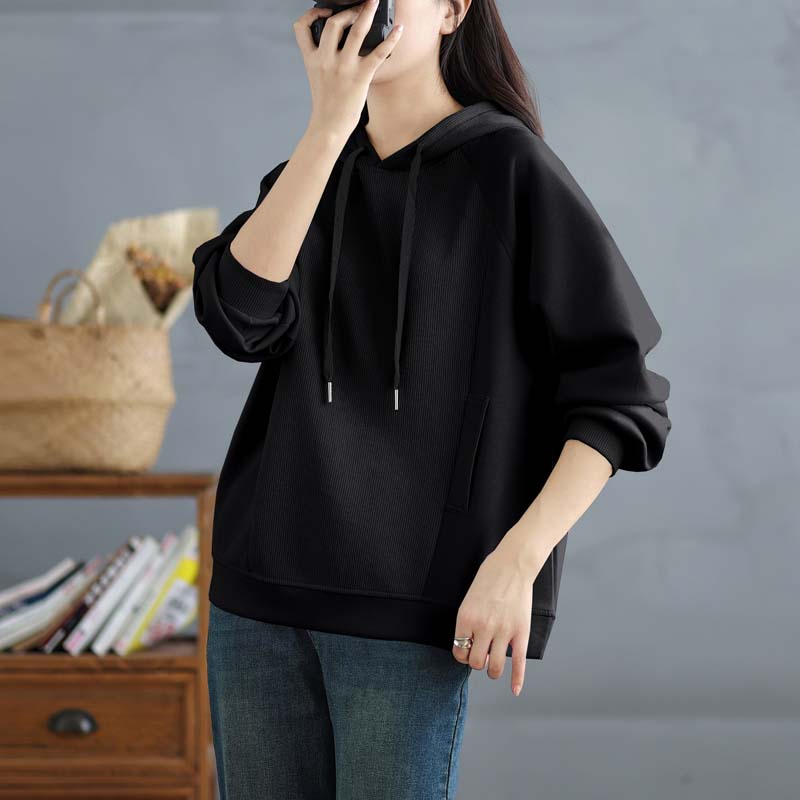 

Dimanaf 2025 Женский пуловер больших размеров с длинным рукавом, однотонные топы, футболки, весенняя повседневная свободная женская рубашка с капюшоном L чёрный