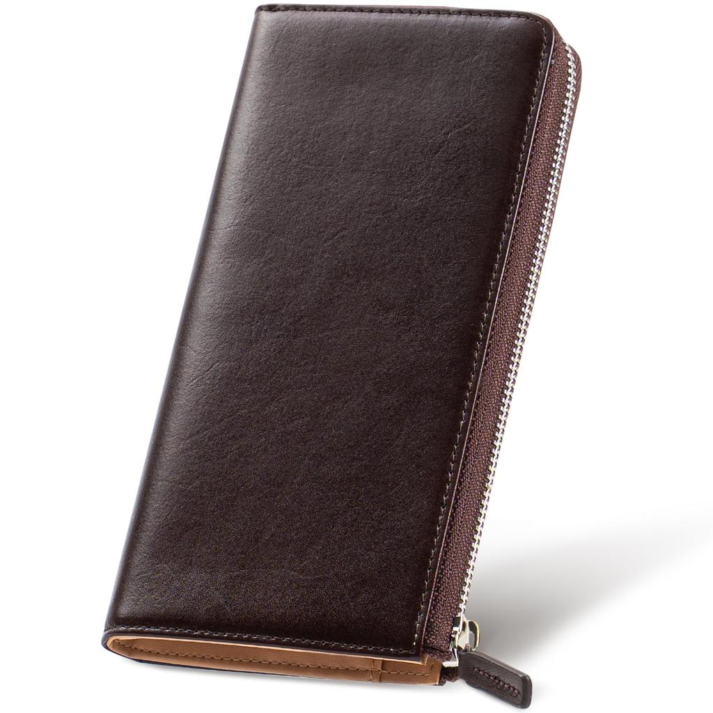 [MUGEN KANDA] Men's Genuine Leather Long Wallet with L-Shaped YKK Zipper, RFID Protection, Large Capacity, 12 Cards, Slim Design, Gift-Ready
