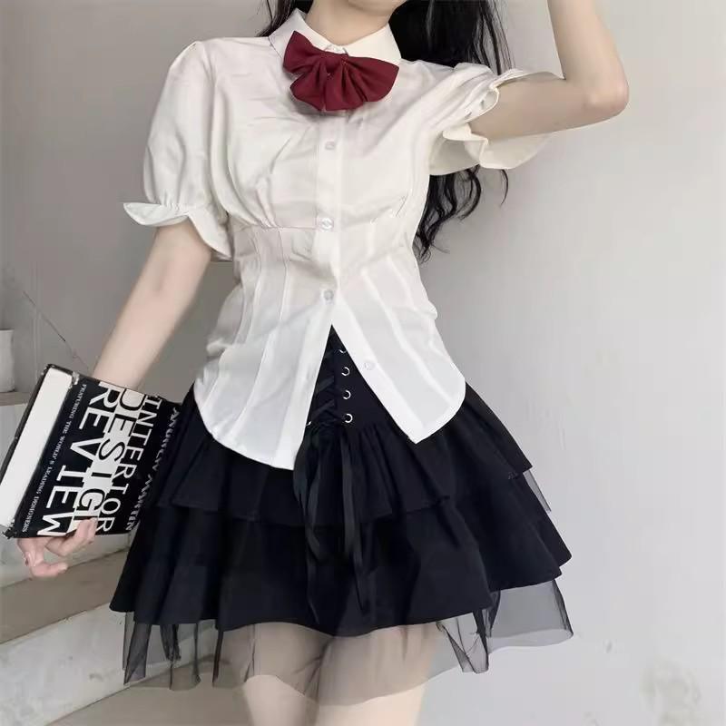 

2025 Summer Women s Black High Waist Slimming A-Line Puffy Tie-Up Skirt Small