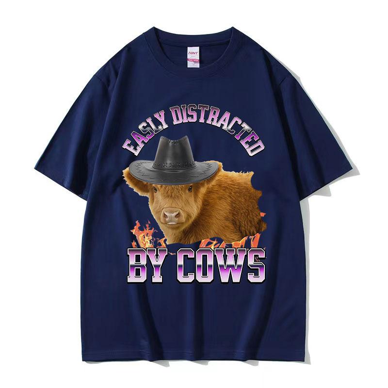 Easily Distracted By Funny Cows Meme TShirt Unisex Summer Casual ONeck Cotton T Shirt Retro Oversized Short Sleeve Tshirts