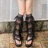 Ruches Gelaagde Kniehoge Sokken Kant Patchwork Been Sokken Pailletten Mesh Beenwarmers Dames Mode