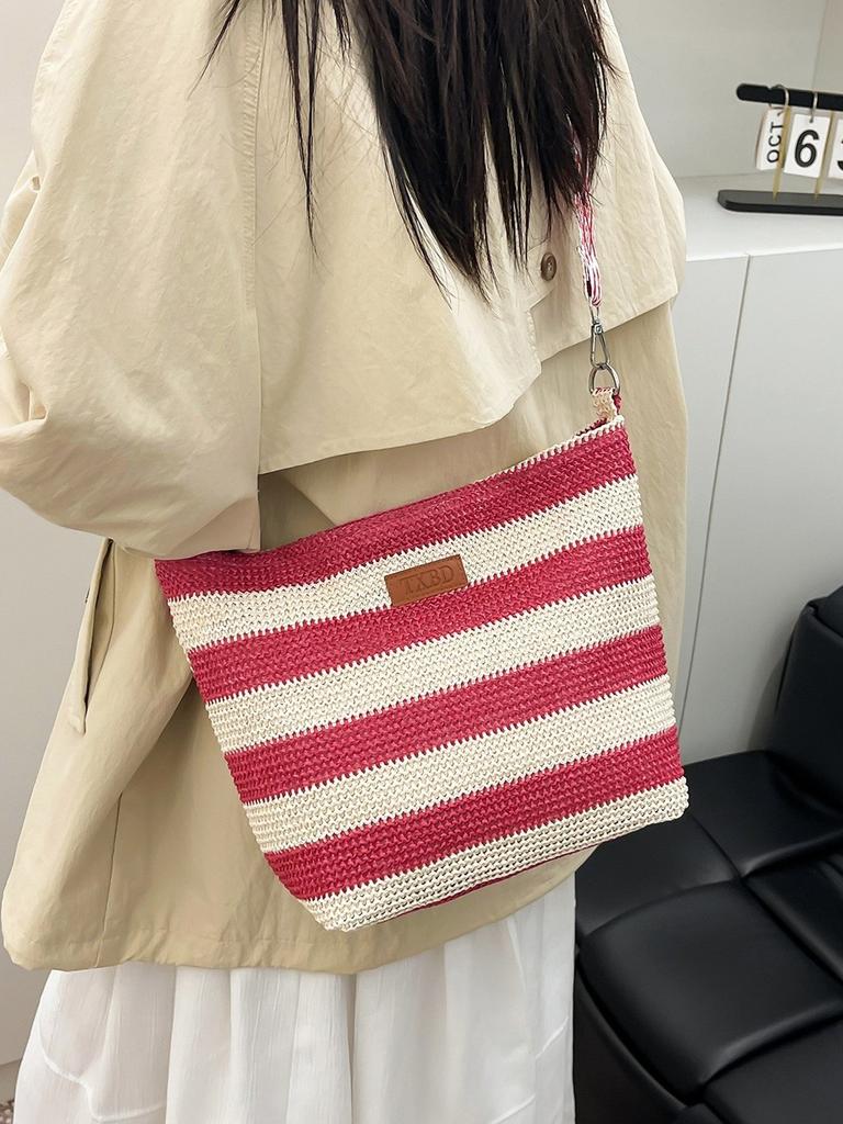 Geflochtene Tragetasche im koreanischen Stil mit Reißverschluss für den lässigen Sommer-Strandtag