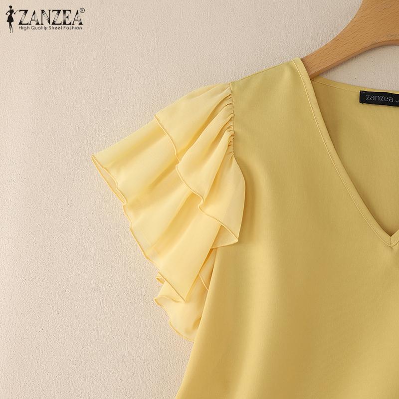 ZANZEA Dámská ležérní letní halenka s výstřihem do V, volánky a krátkým rukávem