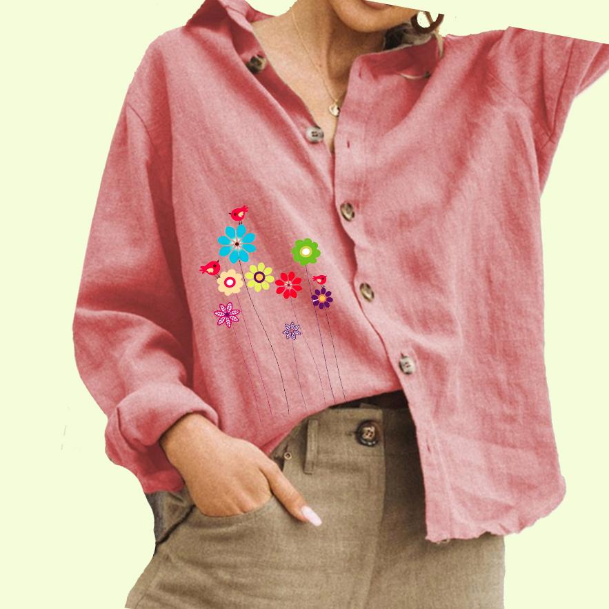 Women Fashion Flower Print Shirt Ladies Casual Button Down Blouse Cotton Linen Long Sleeved Top