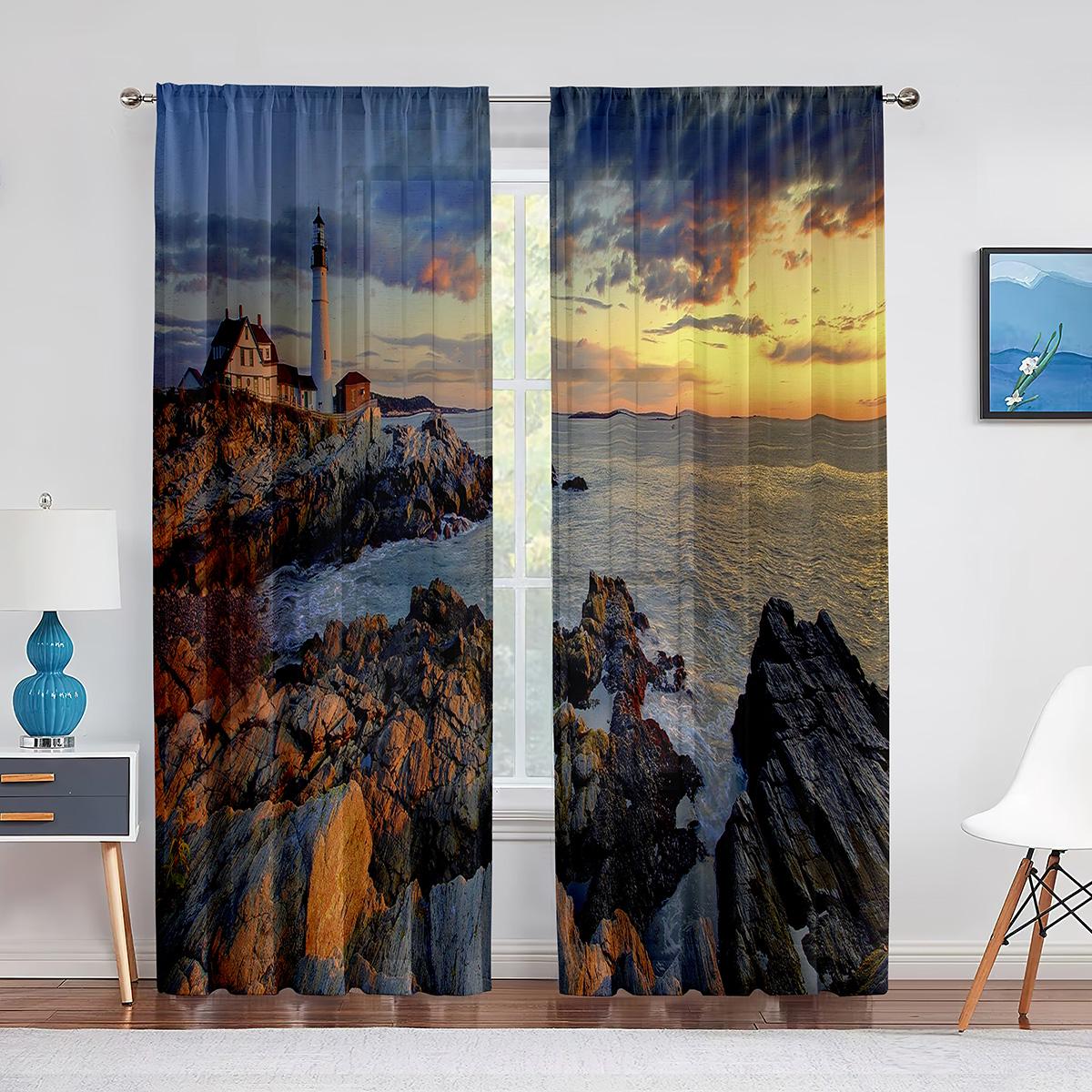 Маяк Восход Морского Побережья Пейзаж Прозрачная Вуаль Шторы для Гостиной Спальня Кухня — фото 9