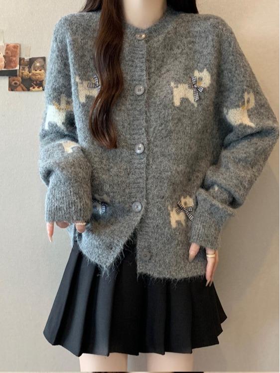 

Вязаный кардиган свитер женский в стиле ретро с бантом на весну - Свободный крой, круглый вырез One Size [80-130] серый