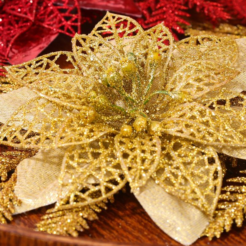 10/1x Christmas Flowers Red Gold Silver DIY Garlands Glitter Artificial Poinsettia Floral Xmas Tree Ornaments Insertion Branch