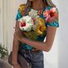 Women's Casual Fashion Round Neck Hawaiian Print Short Sleeve Ribbed Top