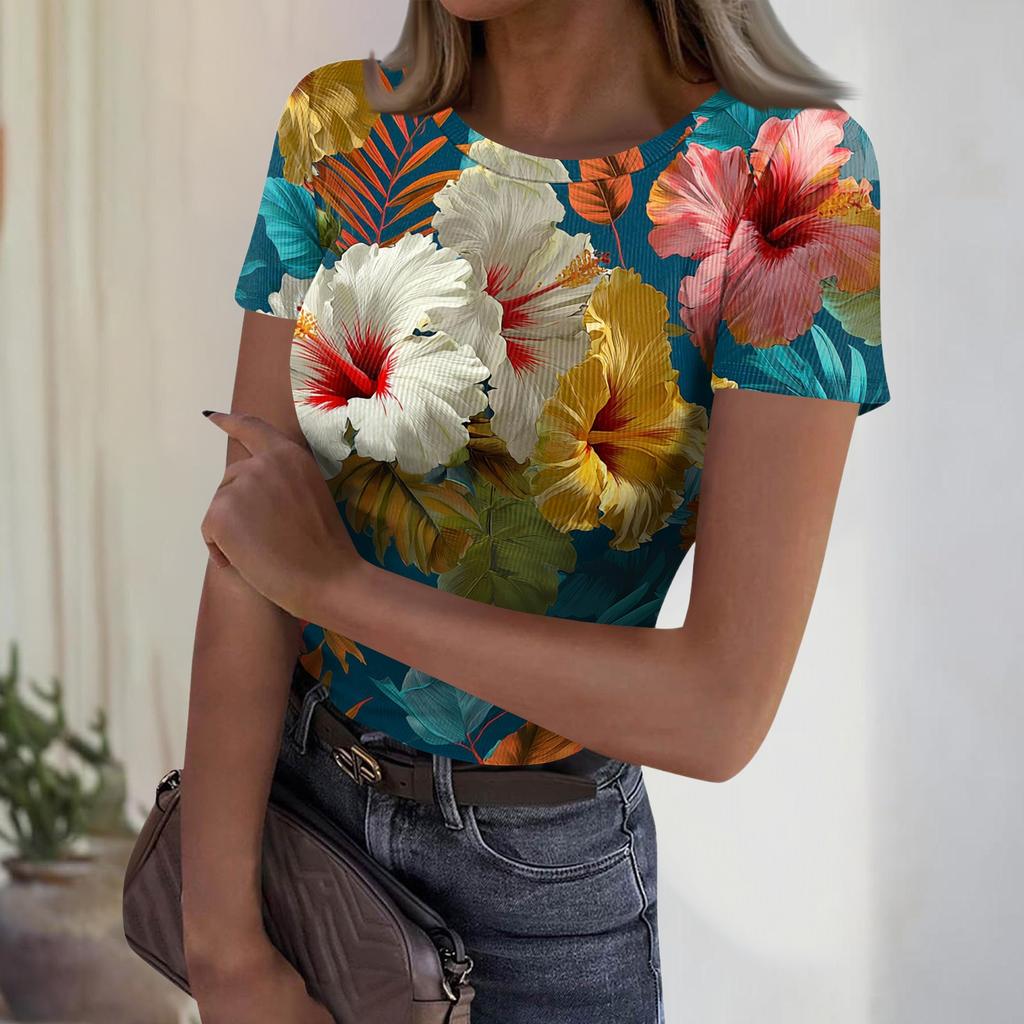 Women's Casual Fashion Round Neck Hawaiian Print Short Sleeve Ribbed Top