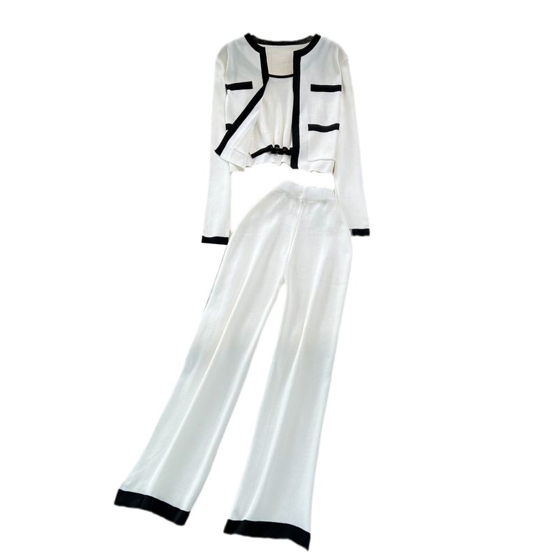 Fashion Suit K-style Long Sleeves Contrast Color Knitting Cardigan Coat Vest Three-Piece Set High Waist Slimming and Straight Loose Pants