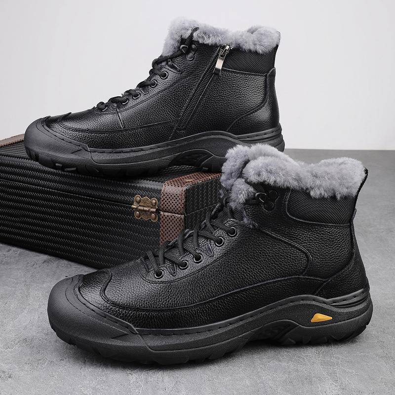 Non-Slip Men Lace-Up High Top Shoes New Genuine Leather Casual Shoes Man Motorcycle Boots Fashion Hiking Winter Plush Snow Botas