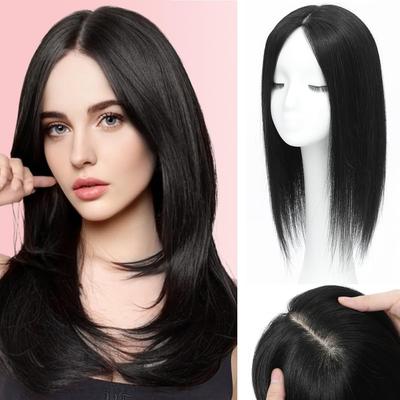 HAIR WALA™ 4 X 4 Inch Silk Base, 4 Clips Hair Toppers Hair Extension for Thinning Hair & Grey/White Hairs for Women,18 Inches Long, Jet Black Color