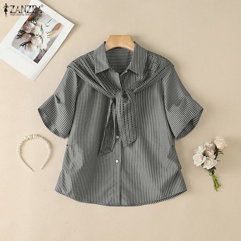 ZANZEA Blusa Casual de Mujer con Cuello Vuelto, Manga Corta Suelta a Rayas