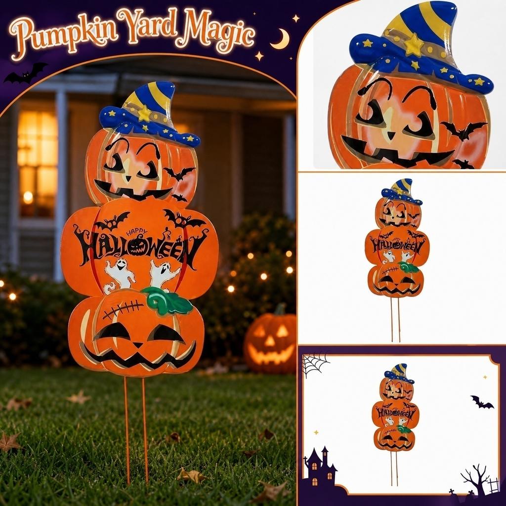 Metal Halloween Pumpkin Yard Stake Outdoor Garden Decoration Iron Halloween Pumpkin Sign with Witch Hat and Ghost Design for Lawn