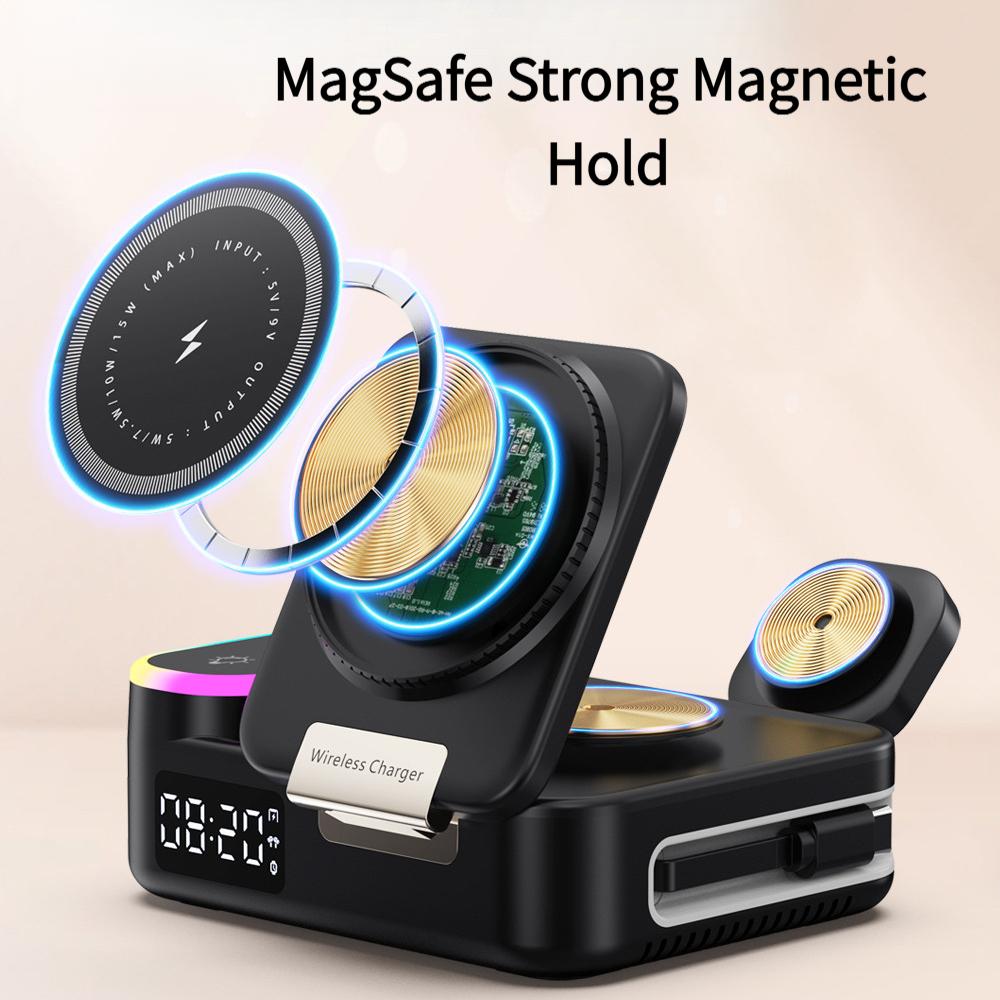 8 in 1 Magnetic Wireless Charger Retractable USB-C Cable RGB Ambient Light Alarm Clock Multi-Device Desk Station