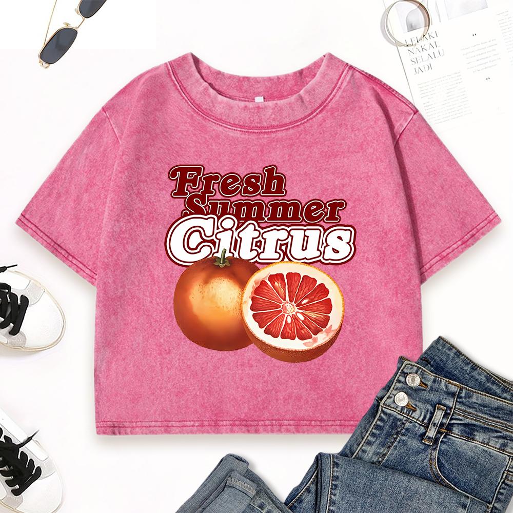 Fresh Summer Citrus Orange Printed Women Washed T Shirt Cotton O-Neck Streetwear Summer Y2K T-Shirts Clothes