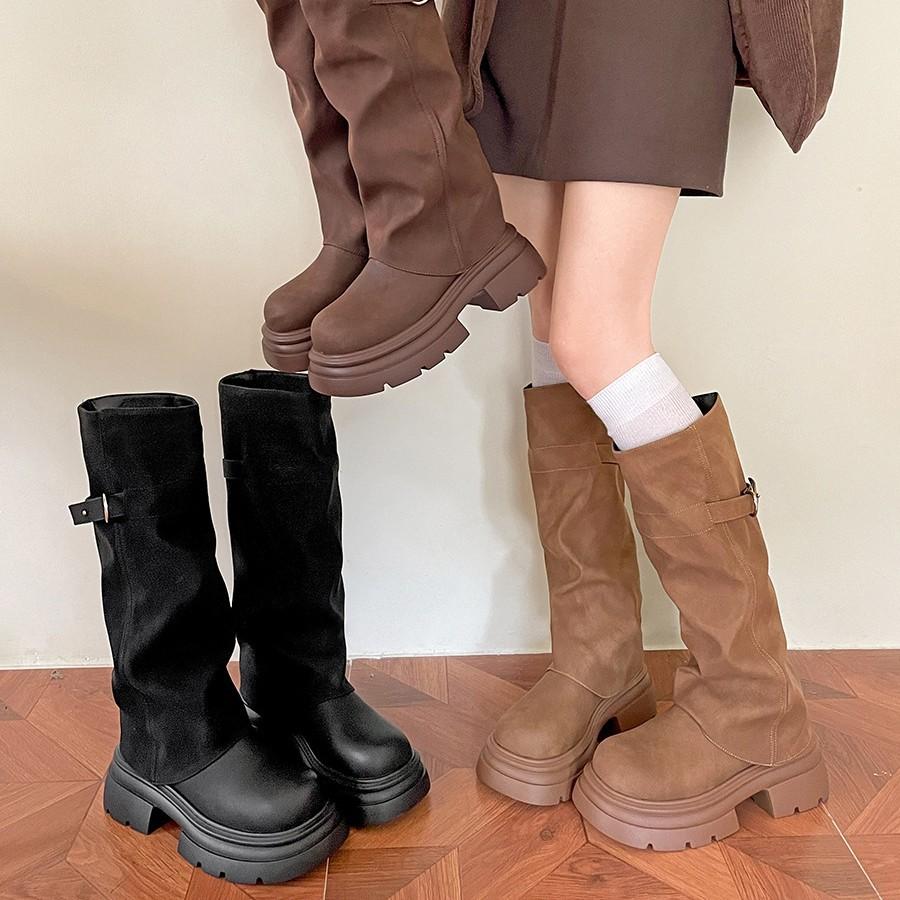 Popular retro Maillard heightened platform boots women's 2025 new summer but knee-thin knight boots