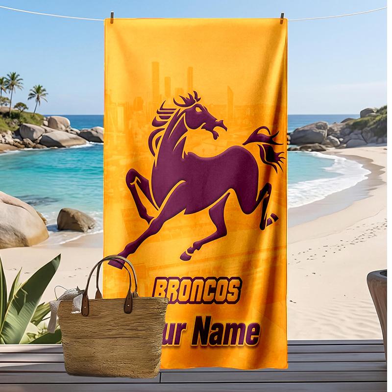 Brisbane Broncos Custom Beach Towel, Print Your Name Text Lightweight Absorbent Towel for Swimming Travel
