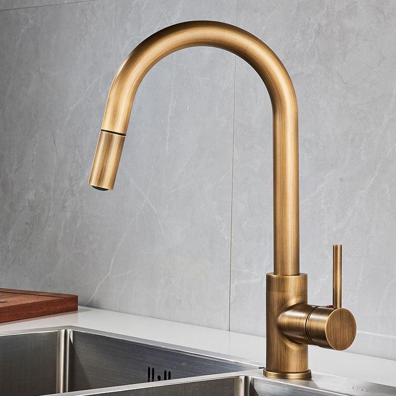 Elegant European-Style Brass Kitchen Faucet with Pull-Out Sprayer for Hot and Cold Water