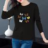 Women's 100% Cotton Long-Sleeve Printed Split T-Shirt, Round Neck, Loose Fit for Spring and Summer