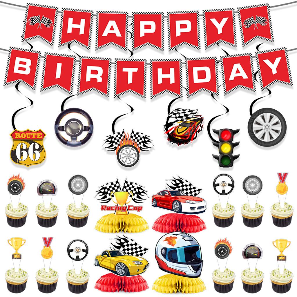 Children'S Birthday Party Arrangement Decoration Racing Theme Black And Red Flag Cake Plugin Honeycomb