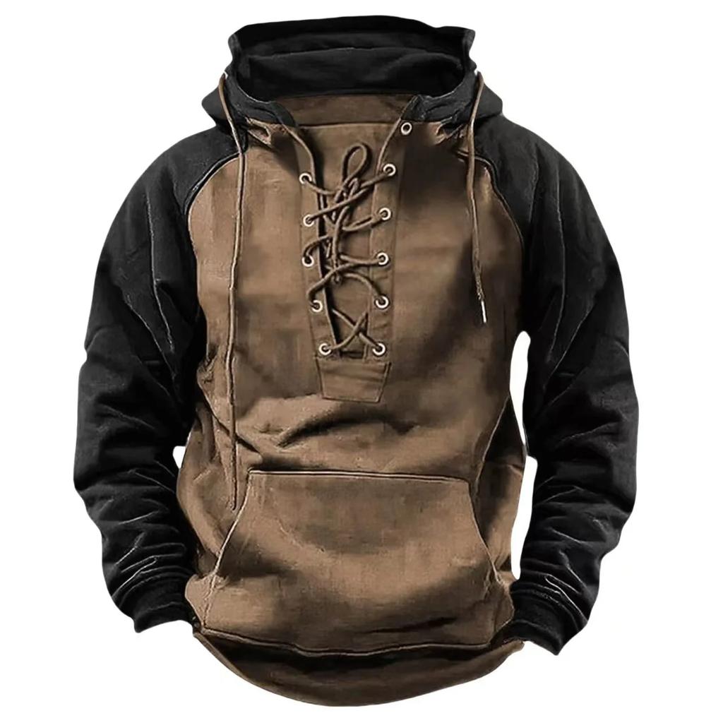 Autumn Winter Fashion Mens Hooded Sweatshirts Lace-Up Drawstring Long Sleeve Loose Hoodies Men Streetwear Vintage Patchwork Hoodies