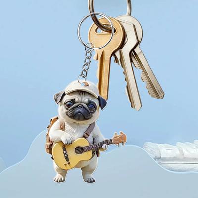 1/2Pcs Guitar Cat Acrylic Hanging Decoration 2D Flat Cartoon Dog Backpack Handbag Hanging Ornament Keychain Pendant