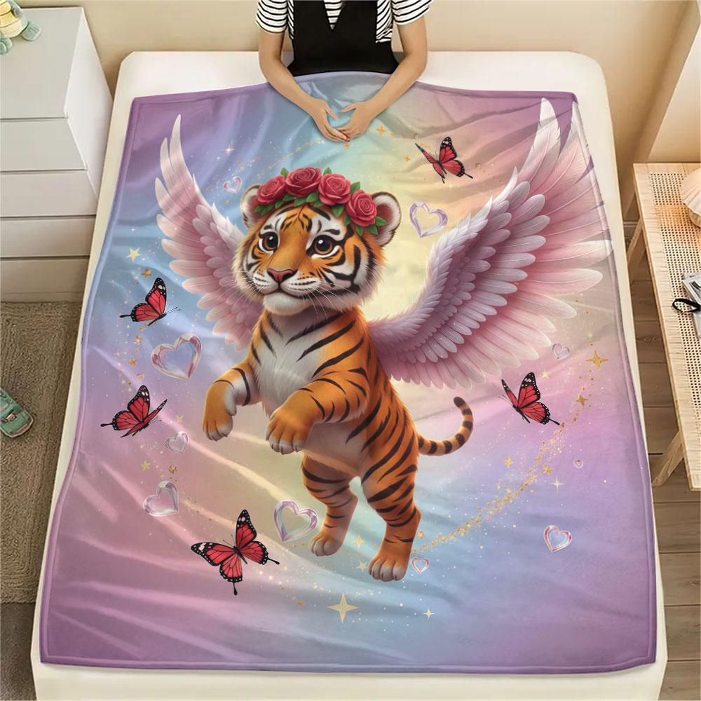 1Pc Angel Animals Print Flannel Blanket, High quality Comfortable for All Seasons, Home Decor, Warmth and Comfort, Perfect for Christmas Gifts