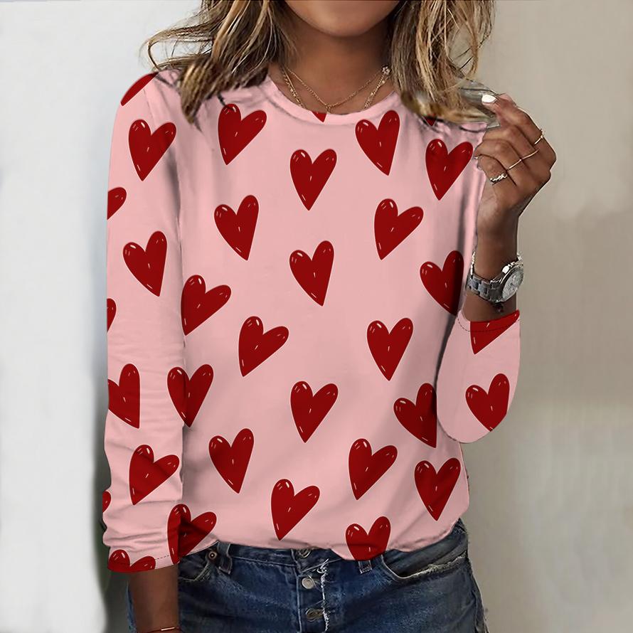 Women Love Heart Print Graphic T Shirt For Women Pink Fashion Long Sleeve Tees Autumn Winter Casual Loose T-Shirts
