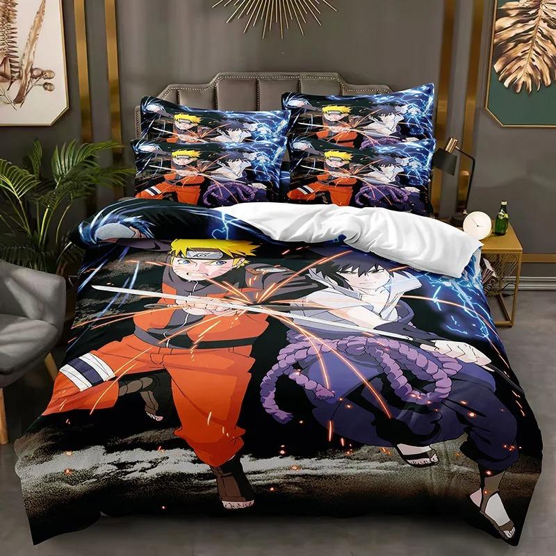 Narutos Uzumakizd Pattern Bedding Set Anime Printed Polyester Pillowcase Quilt Set 3-Piece Kids Adult Cover Set Double Twin King