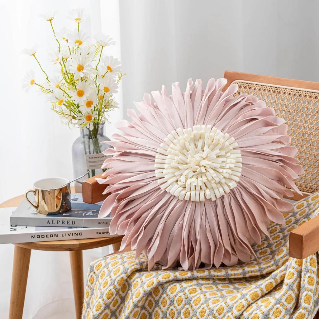Fashion Modern Style Pink White Throw Pillows 45*45cm Velvet Stitching 3D Chrysanthemum Cushion Waist Pillow Blue Cushion Case