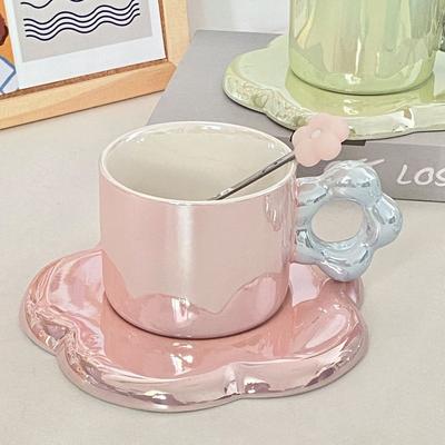 Perlmuttglasierte Blumen-Keramik-Kaffeetasse mit Löffel, weiblicher Büro-Nachmittagstee, hochwertige Wassertasse