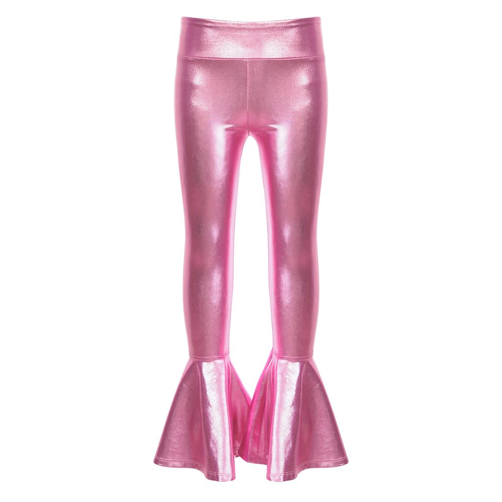 Girls Performance Pants Elastic Waistband Bronzing Cloth High Waist Design Ruffle Hem Bell Bottom