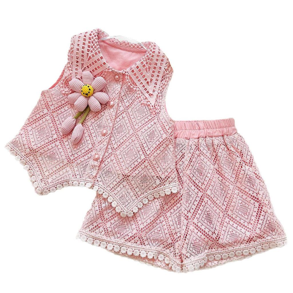 Girls' Pink Lace Hollow Top & Shorts Set - Summer Sunflower Sleeveless Vest & Shorts 2-Piece Set