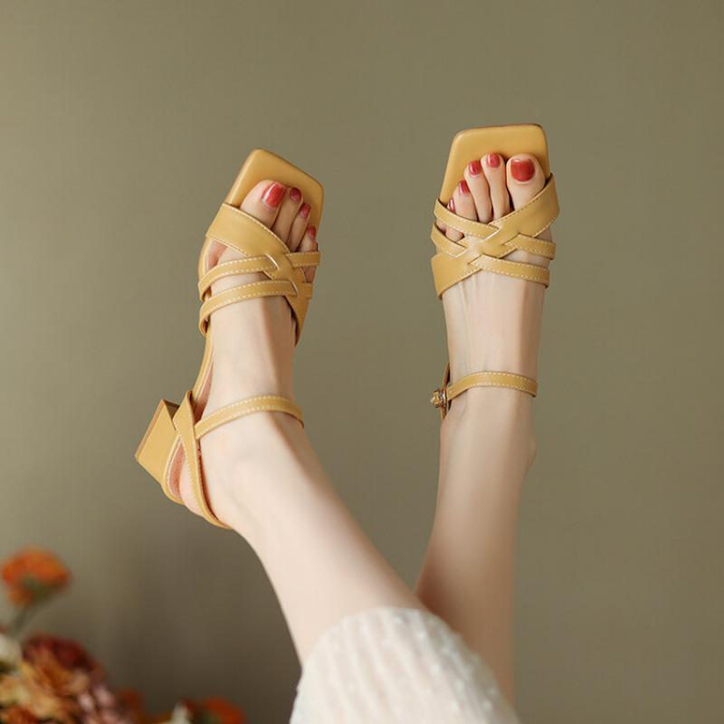 New Wide Strip Sandals Women's Summer Women's High-heeled Sandals Casual Solid Color Large Size Shoes Rubber Soft Sole Women's Shoes Square Head